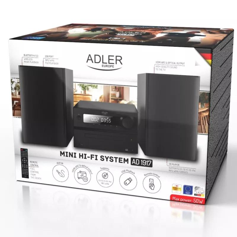Mini Hi‑Fi stereosüsteem Adler AD 1917 — Bluetooth V5.3, CD/USB/MP3, 2×25W RMS, FM-tuuner, 4‑ribaline ekvalaiser, AUX, must