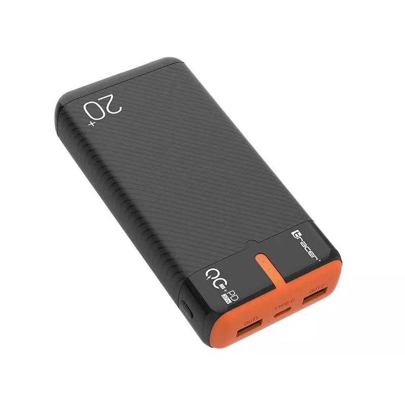 TRACER EnerGen 20000 mAh akupank, Power Delivery 20W, USB-C sisend, 2×USB-A väljundit, toetab 3 seadet, oranž