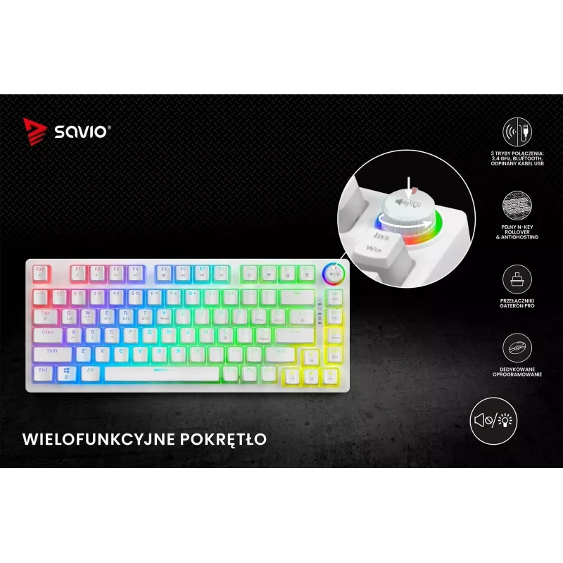 Mängurklaviatuur Savio Phenix Valge GAT RED PUD Juhtmega Juhtmevaba USB Bluetooth RGB LED