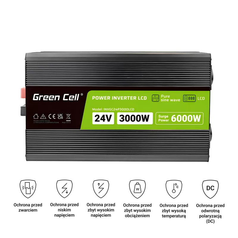 Autoinverter roheline Cell INVGC24P3000LCD 24V 3000W puhas siinuslaine, 230V 50Hz, LCD, tüüp F