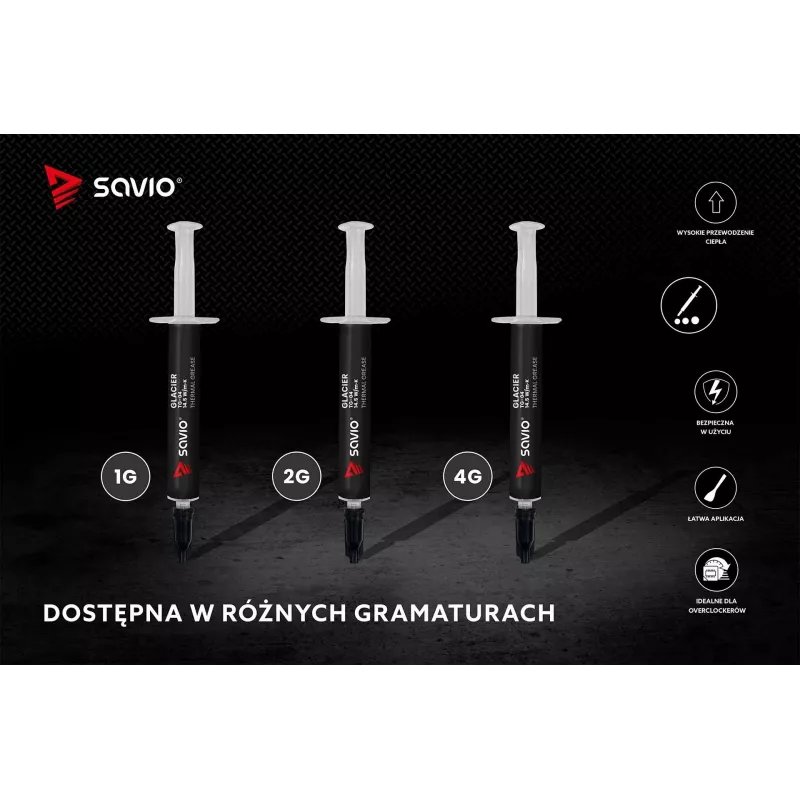 Termopasta SAVIO TG-04 4 g — soojusjuhtivus 14,5 W/m·K, töötemperatuur -250 kuni 300 °C, hall