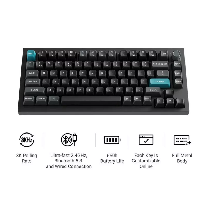 Mehaaniline klaviatuur Keychron Q1 Ultra 8K — 75% formaat, USB + RF Wireless + Bluetooth, RGB LED, must