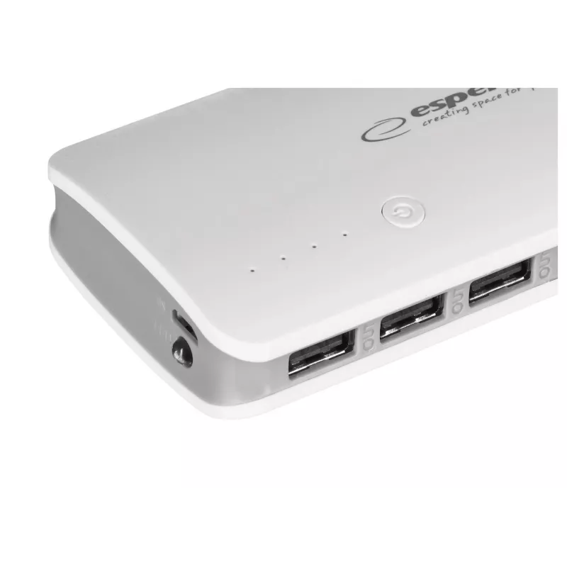 Portable charger Esperanza EMP106WE Radium — 8000 mAh, 3-seadme väljund, Micro-USB sisend, 5V/2A & 5V/1.5A/1A väljundid, hall