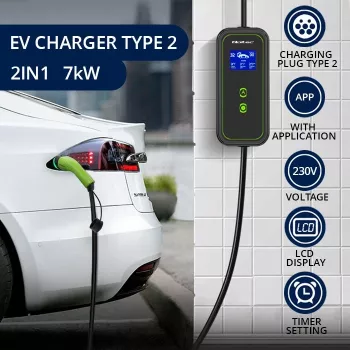 Qoltec mobiilne elektriauto laadija reguleeritav 2in1 Type2 | 7kW | 230V | CEE 3-pistik | Wi-Fi | LCD | kaasaskantav | seinakarp | 5m