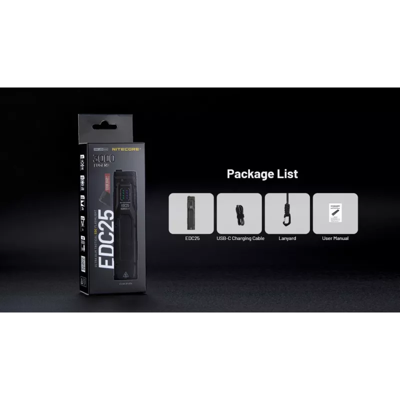 Taktikaline taskulamp Nitecore EDC25 — kahe LED-iga, 15 lm, alumiiniumkorpus, USB-laetav, IP54, löögikindel, must