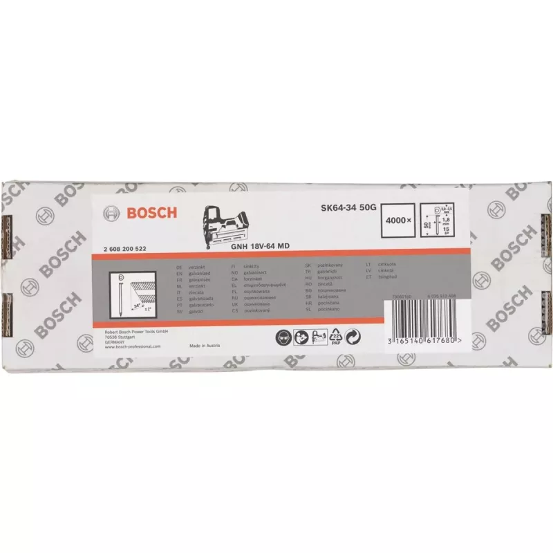 Süvistatud peaga naelad Bosch SK64-34 34° 1,8 mm (15 ga) 4 000 tk — akutoitega ja pneumaatilistele naelutajatele