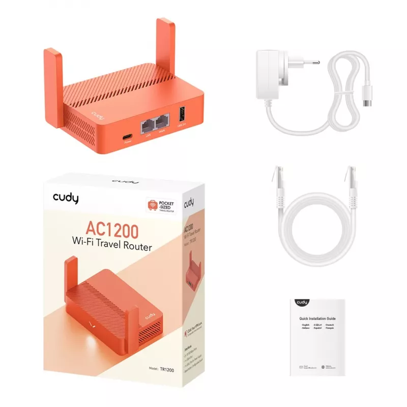 Kaasaskantav ruuter Cudy AC1200 (TR1200) — Oranž, vahelduvvoolutoide, 1x RJ-45 LAN/WAN, USB 2.0