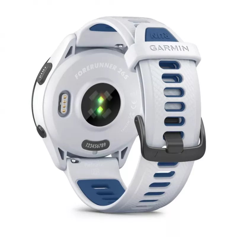 Nutikell GARMIN Forerunner 265 — 46 mm GFRP korpus, AMOLED 1.3 tolli, GPS/GLONASS/Galileo, 15-päevane aku, 5 ATM, silikoonist rihm