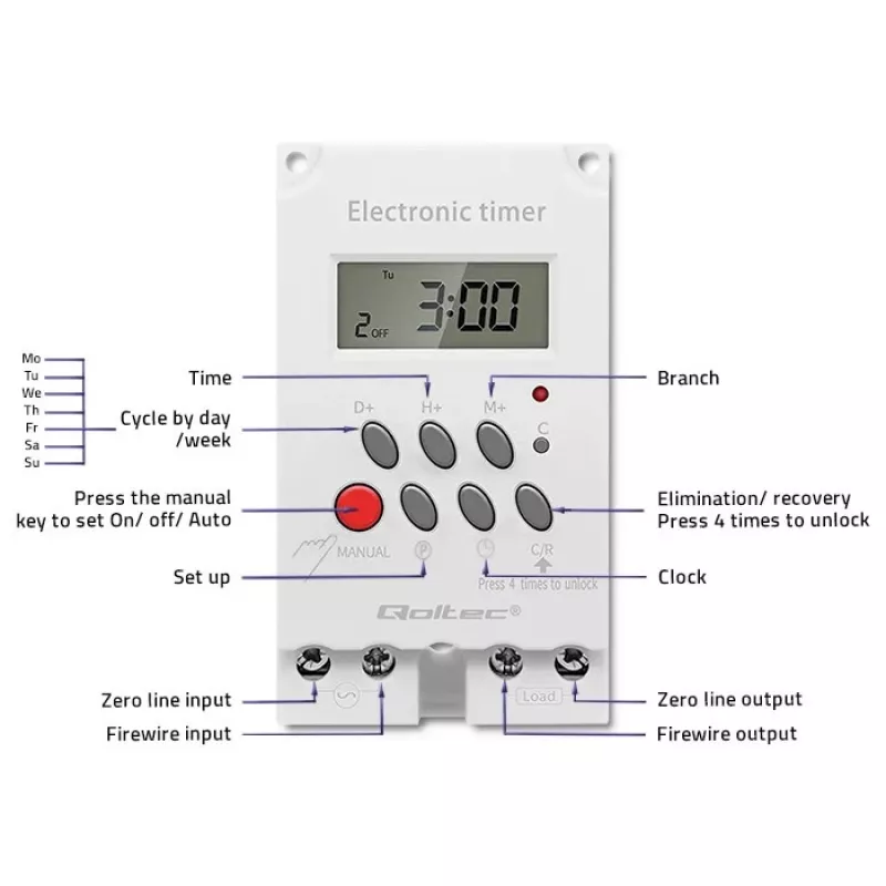 DIN-liistule paigaldatav elektrooniline taimer QOLTEC PC0629 — 24 V toide, 16 A väljund