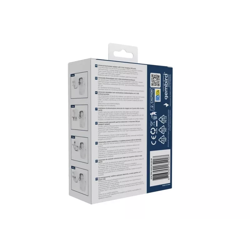 Seinareisiadapter GEMBIRD TPA-1A2C20-02-W 20W — 1×USB-A + 2×USB-C, Type G pistik, 100–250V, valge