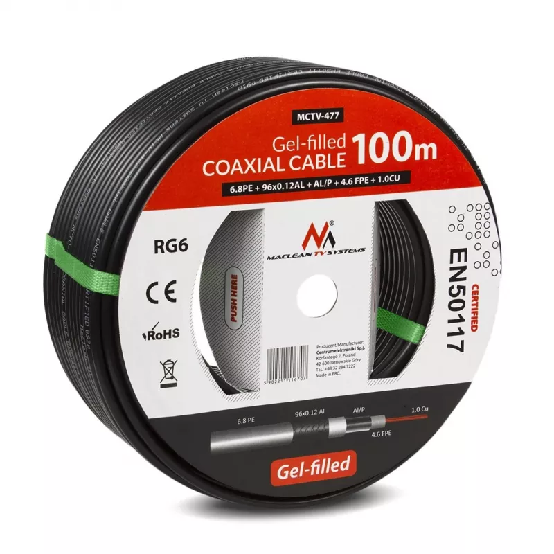 Koaksiaalkaabel MACLEAN MCTV-477 100 m Must 75 Ω, 50 pF, 6,8 mm mantel