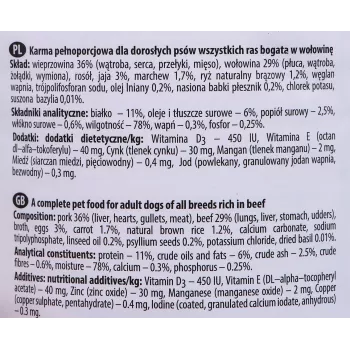 Märg koeratoit Dolina Noteci veiseliha ja sealiha täiskasvanud koertele purk 400 g, valk 11%, rasv 6%, niiskus 78%