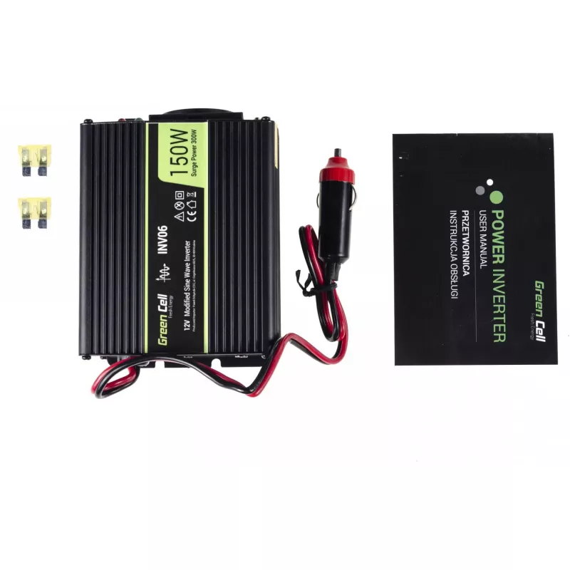 Inverteri toiteadapter roheline Cell INV06 12V kuni 230V 150W 50Hz Type C pistik, 85% efektiivsus, must