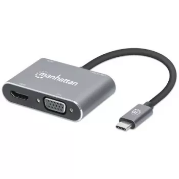 Manhattan USB-C dokk/jaotur, pordid (x4): HDMI, USB-A, USB-C ja VGA, toiteedastusega (PD) 87 W – vajab välist USB-C laadijat (ei kuulu komplekti). Toide USB kaudu (välist toiteallikat pole vaja), kui PD ei ole kasutusel, alumiinium