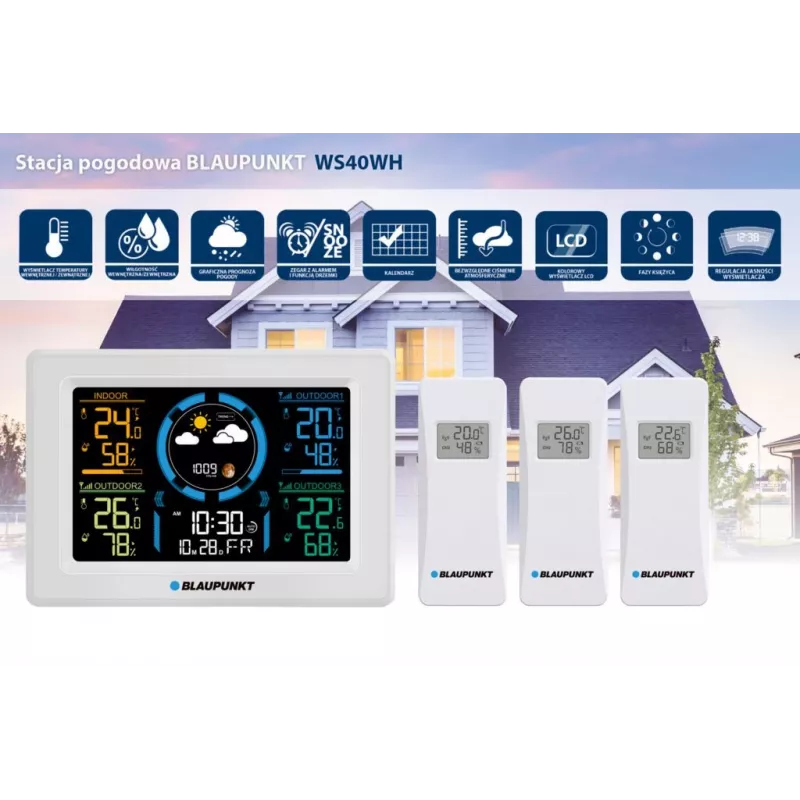 Ilmajaam BLAUPUNKT WS40WH juhtmevaba sise-/välistemperatuuri ja -niiskuse monitor