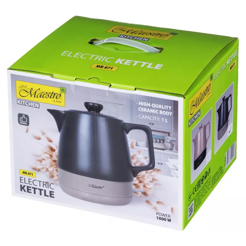 Elektriline veekeetja Maestro MR-071-Must 1 L, keraamiline, 1200 W, peidetud küttekehaga, 360° alus