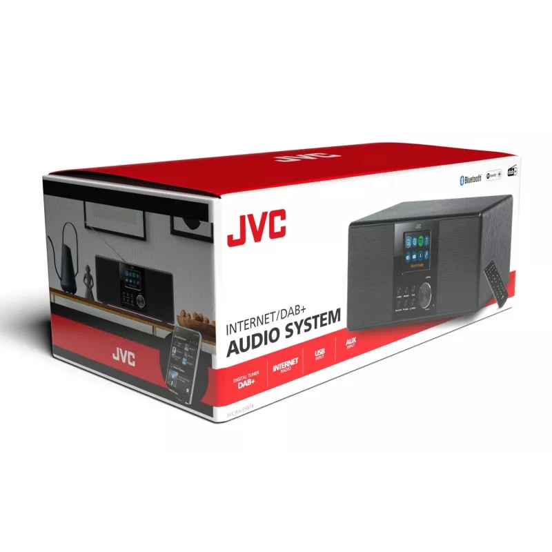 Internetiraadio JVC RA-E981B — Wi‑Fi ja Bluetooth voogesitus, DAB+, FM, 2x5 W, 40 eelseadistust, USB, AUX, LCD-ekraan