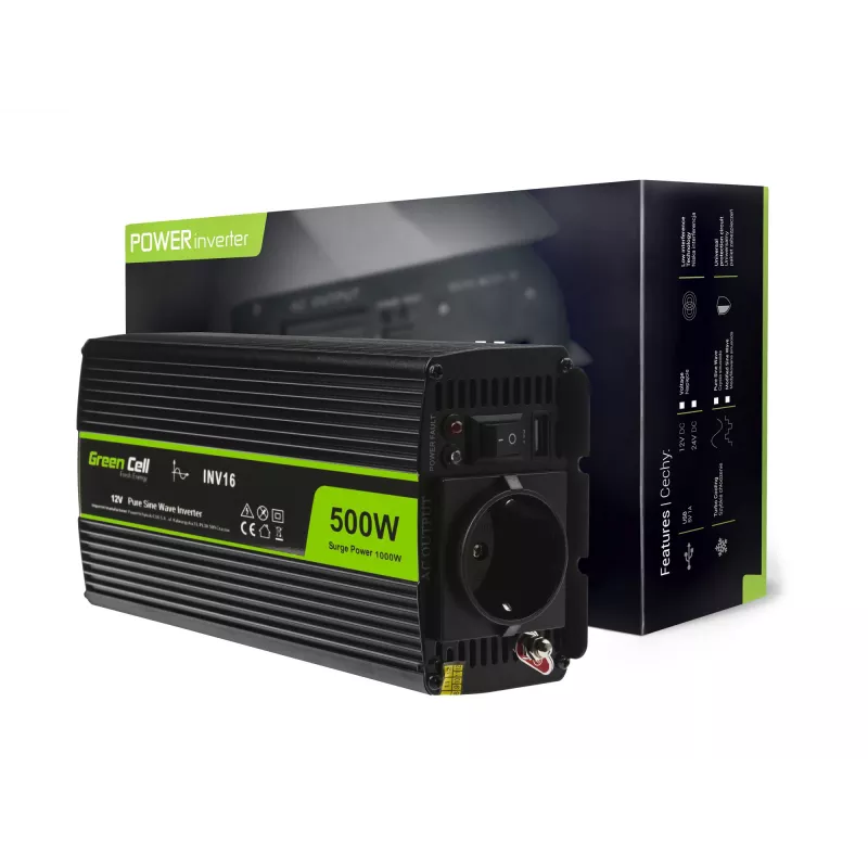 Autode toiteinverter roheline Cell INV16 500 W, DC 12 V vahelduvvooluks 230 V, 50 Hz, USB-port, aktiivjahutus, must