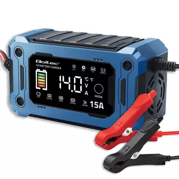 Nutikas 12V 15A laadija QOLTEC mikroprotsessori ja LCD-ga — AGM, GEL, SLA, EFB, LiFePO4 akudele