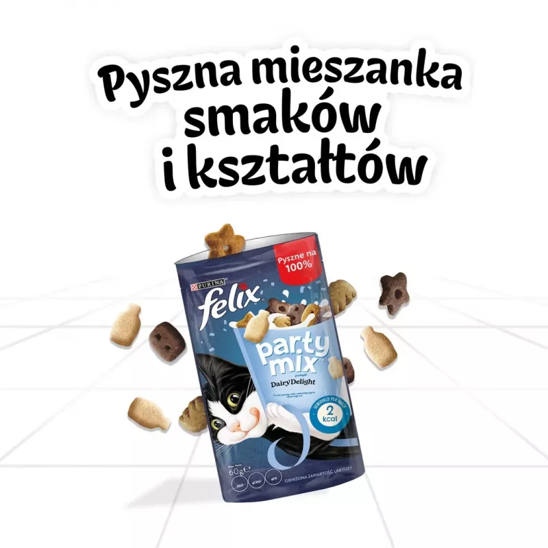 Kassi maiustused Felix Party Mix Dairy Delight 60 g — krõmpsuvad piimamaitselised maiused täiskasvanud kassidele, valk 35%, rasv 19,5%