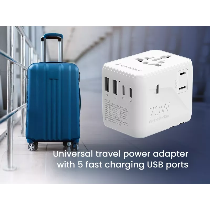 Reisiadapter GEMBIRD TPA-2A3C70-01-W — I tüüpi pistik, 3× USB-C (70W), 2× USB-A (18W), 100–250V, valge