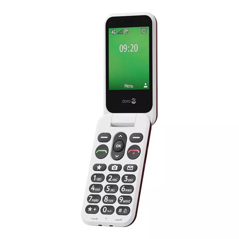 Funktsioonitelefon Doro Leva E22 karpkujuline, 2,8-tolline (7,11 cm) ekraan, üks SIM, 0,3 MP kaamera, 1150 mAh, 127,8 g, punane/valge