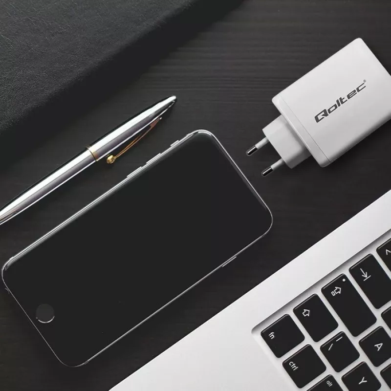 Laadija QOLTEC 100W GaN USB-C Dual PD 5–20V 1.5–5A, 2×USB-C