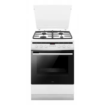 Vabaltseisev pliit AMICA 617GEH3.33HZpTaDpA(W) PIZZA — gaasipliit 4 tsooniga, elektriahi 65 L, elektrooniline taimer, valge