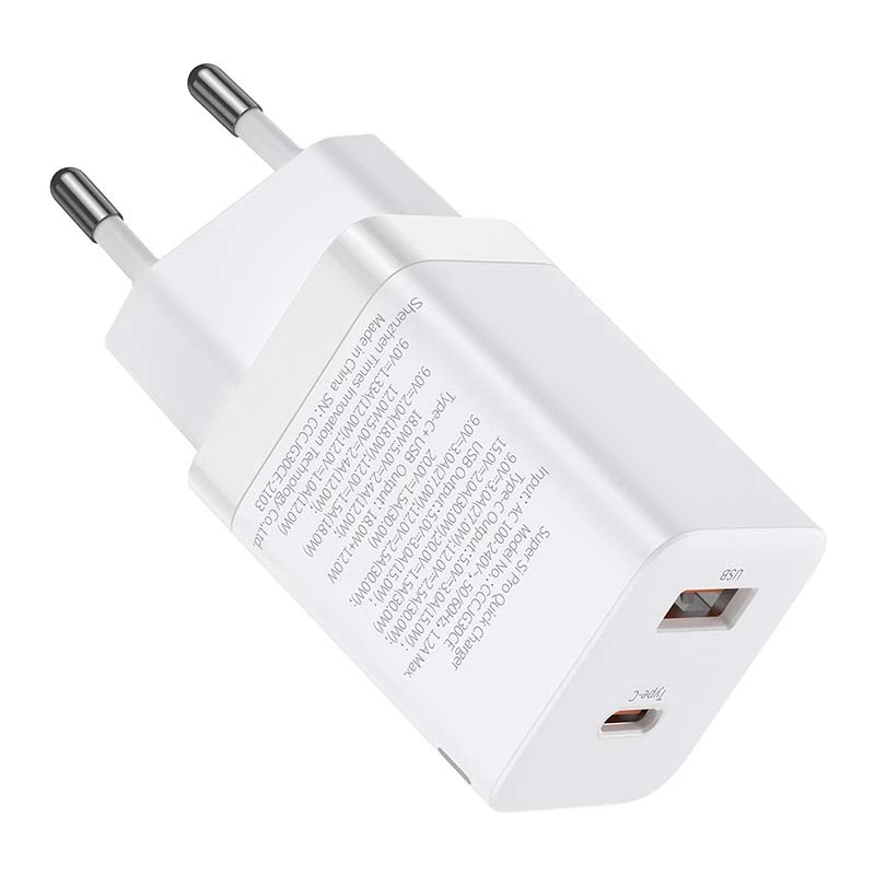 Baseus Super Si Pro kiirlaadija USB + USB-C 30 W (valge)