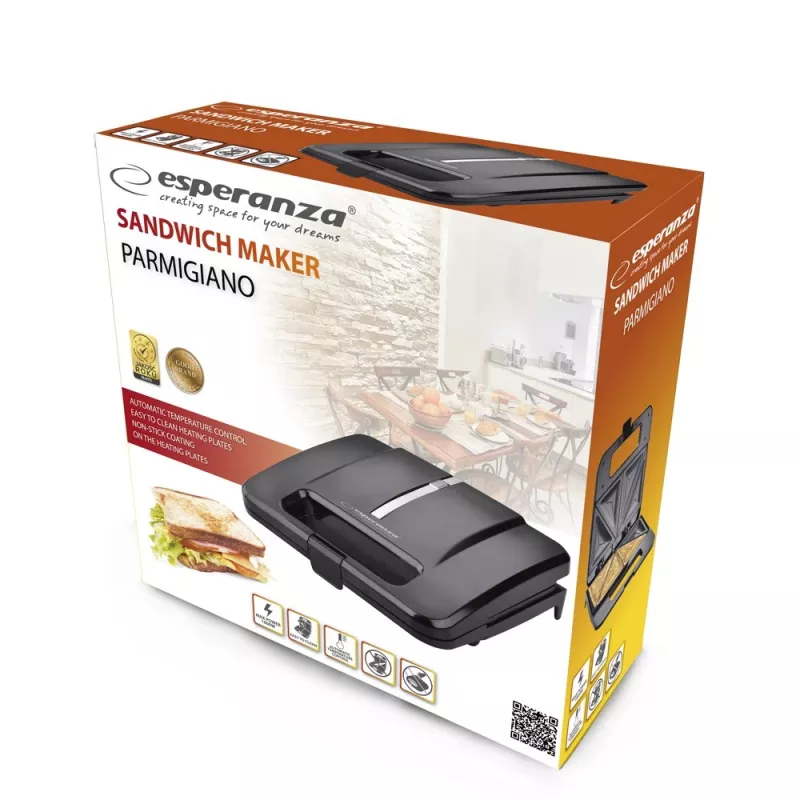 Võileivagrill ESPERANZA PARMIGIANO 1000 W — 4 võileiba, must, mittenakkuvad plaadid