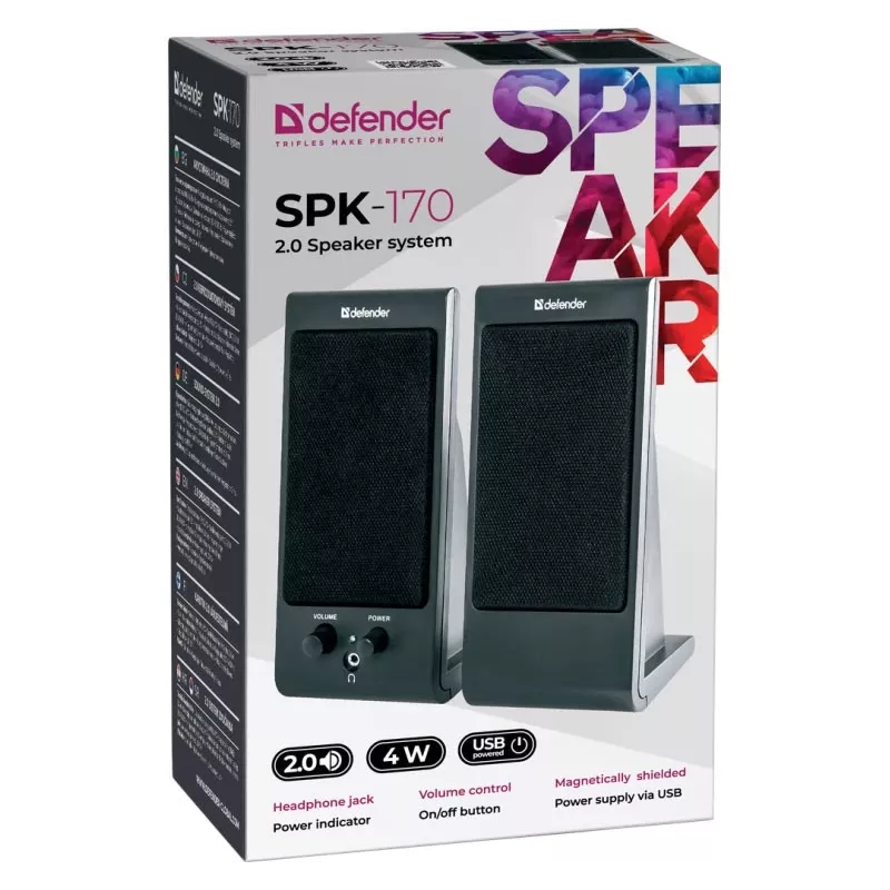 Laua- / riiulikõlarid DEFENDER SPK-170 2.0, 4 W RMS, juhtmega USB 5 V, 3,5 mm, must