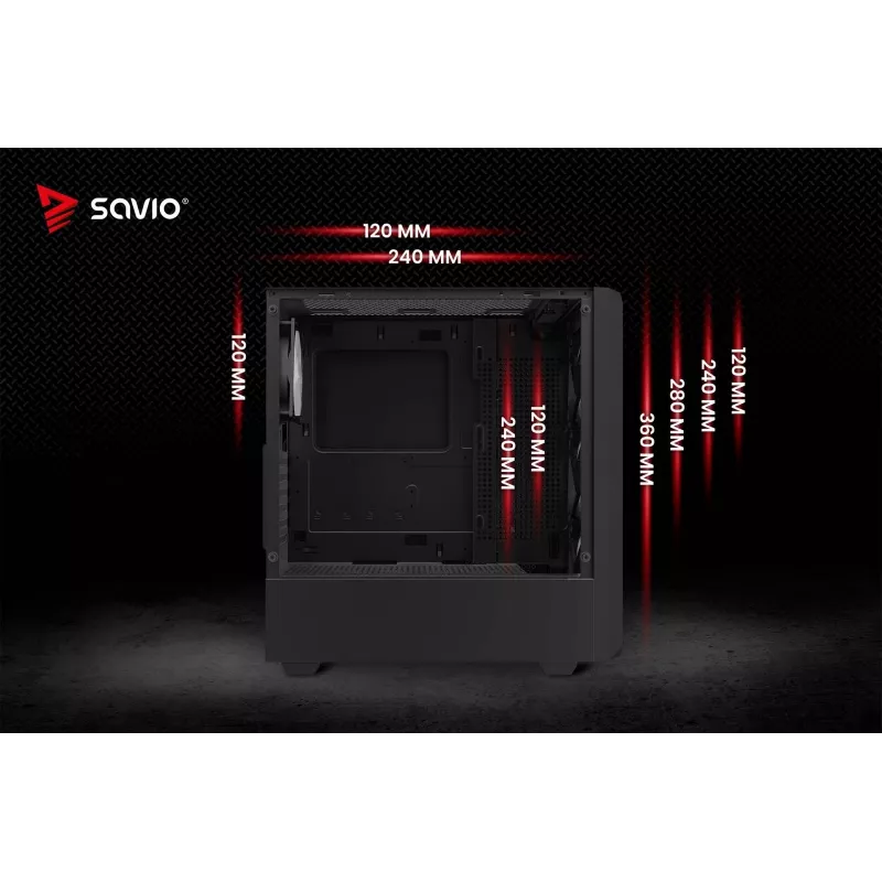 PC kuubikujuline korpus SAVIO Noctis Glass RGB — must, ATX/Micro-ATX, 210×410×450 mm, 3×120 mm esiventilaatorid