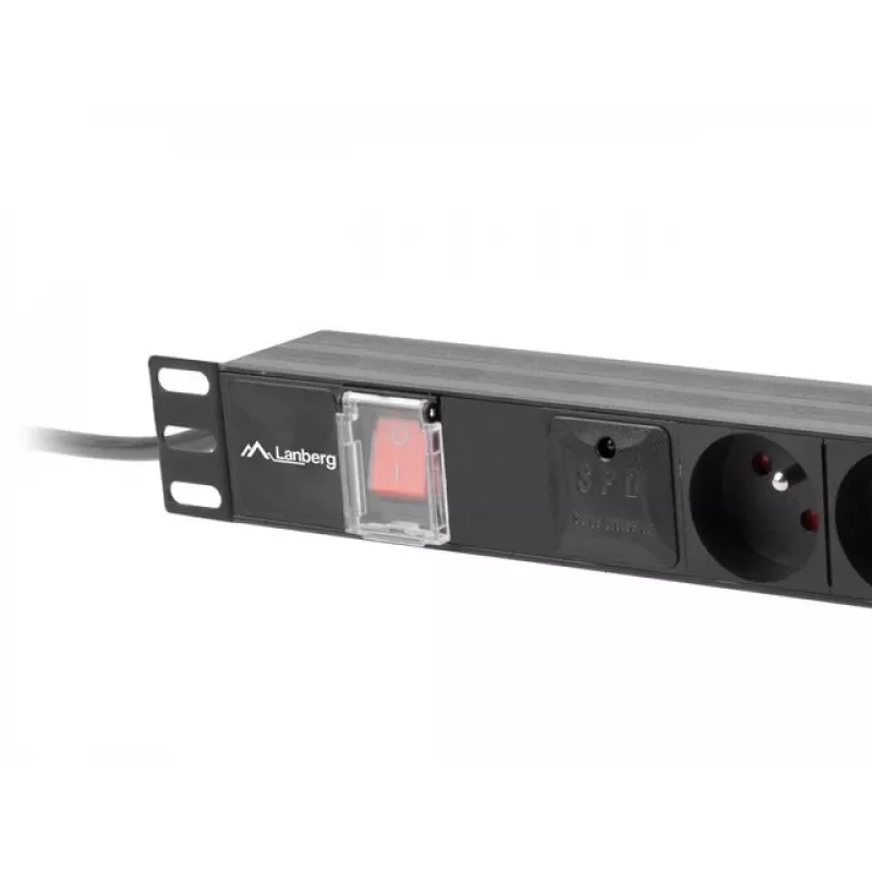 Toitejaotusseade LANBERG PDU-06E-0200-BK — 6x E-tüüpi pistikupesa, 16 A, 2 m kaabel, 1U riiul, 220–250 V