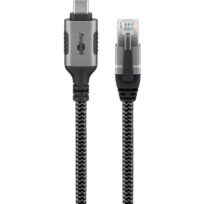 Ethernet-kaabel USB-C 3.2 Gen2 Plug > RJ-45 Plug, LAN-Adapter Must/Hõbedane, 1,5 Meter, braided textile jacket