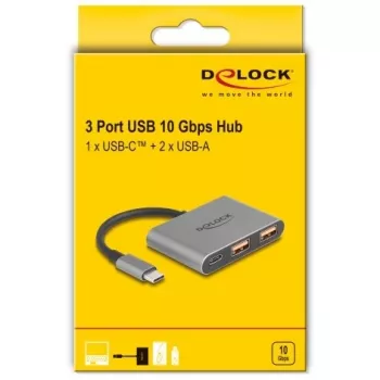 USB-jaotur DELOCK 64337 — USB 3.2 Gen 2 USB-C host, 3 porti (USB-C + 2× Type-A), 10 Gbit/s, hall, metallkorpus