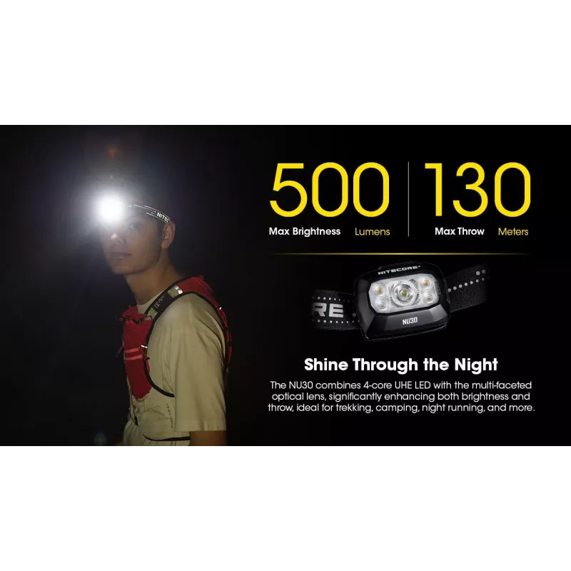 Pealamp Nitecore NU30 — kompaktne kantav LED-pealamp, kuni 500 luumenit, mitu väljundtaset, punase valguse režiim