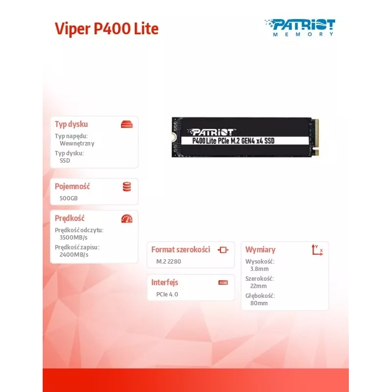SSD ketas Patriot Memory 500 GB M.2 PCI Express 4.0 NVMe P400 Lite