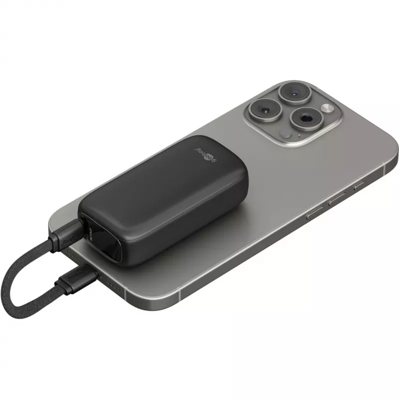Powerbank 5000 mAh, integreeritud USB-C kaabel 13 cm, 20 W (must, 5 Ah, 1x USB-A, 1x USB-C, PD, QC)