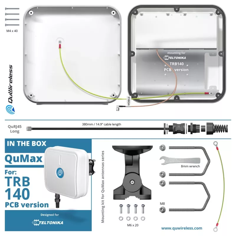 Suundantenn QuWireless QuMax – suunatav PoE/LAN antenn 0,694–2,7 GHz, kuni 6 dBi, valge