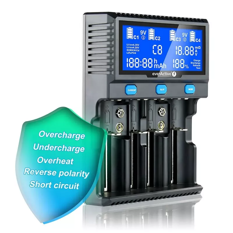 everActive UC-4200 Universaalne vahelduvvoolu akulaadija 12V 3A, toetab AA/AAA/C/9V, 4 elementi, must, sisseehitatud ekraan