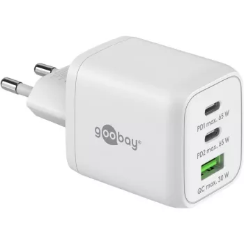USB-C kiirlaadija Nano, PD, GaN, 65 W (valge, 1x USB-A, 2x USB-C PD, Charge 3.0)