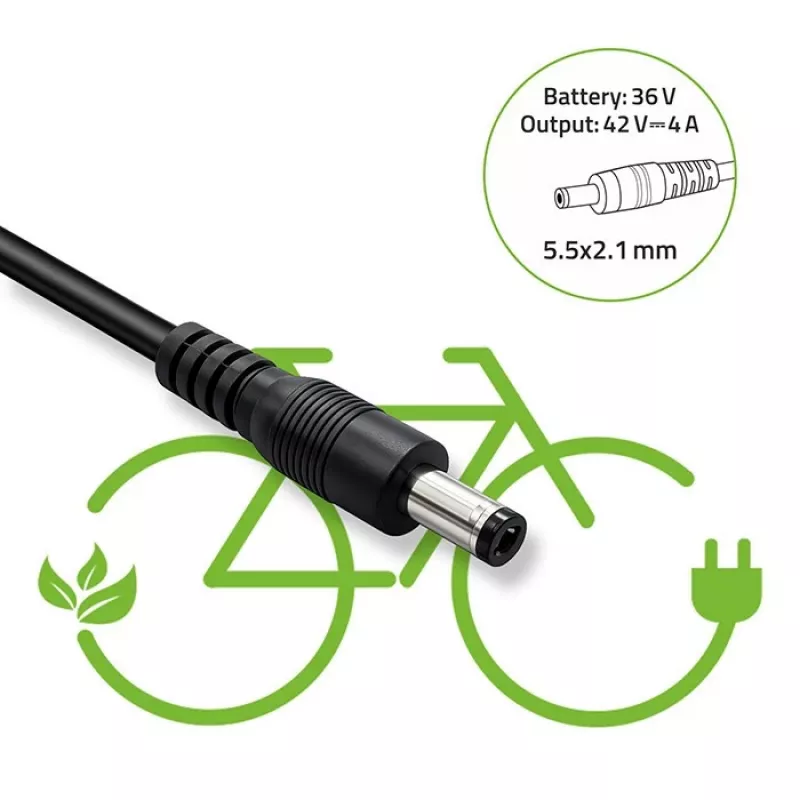 Laadija QOLTEC 36V–42V 4A e-jalgrattale, alalisvoolupistik 5,5×2,1 mm