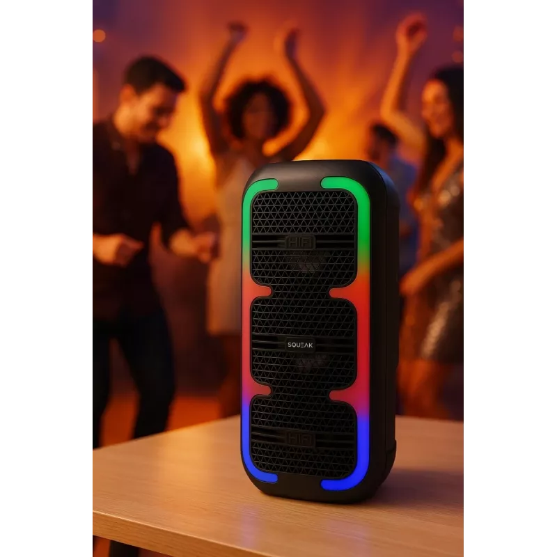 Kaasaskantav stereokõlar SQUEAK SQ1009 — Bluetooth 5.3, 45W RMS, 10 h aku, FM, USB, AUX, LED, 1800 mAh, must
