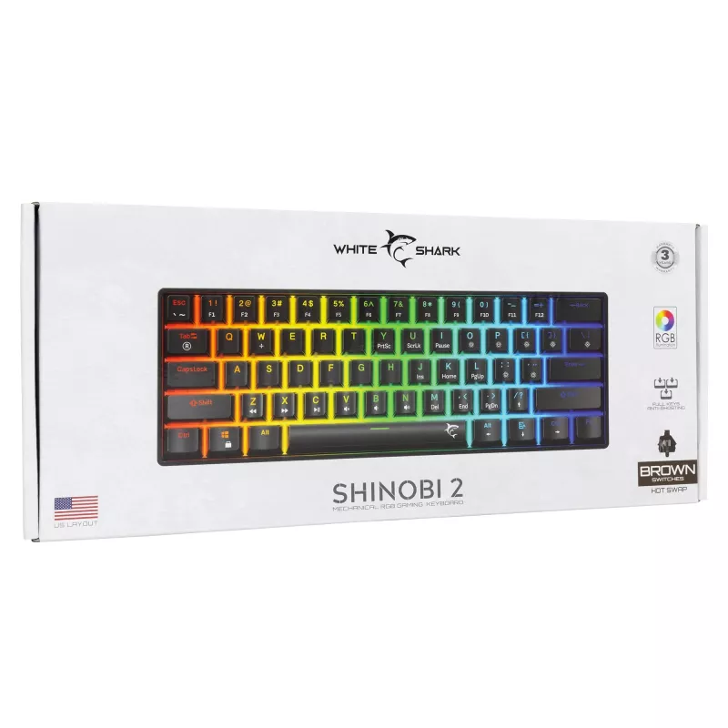 Mehaaniline klaviatuur White Shark Shinobi-2 must, USA paigutusega, Brown lülititega