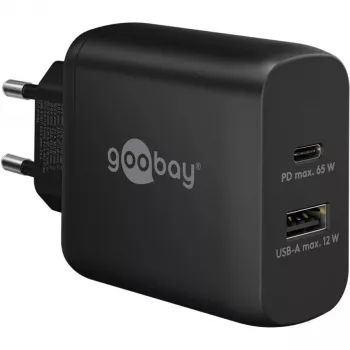 USB-C kahekiirlaadija, PD, GaN, 65 W (must, 1× USB-C, 1× USB-A, Power Delivery)