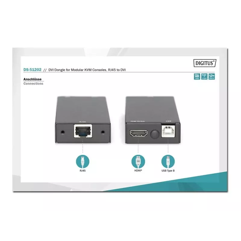 Digitus DVI-dongel modulaarsetele KVM-konsoolidele RJ45-DVI, must, 1080p