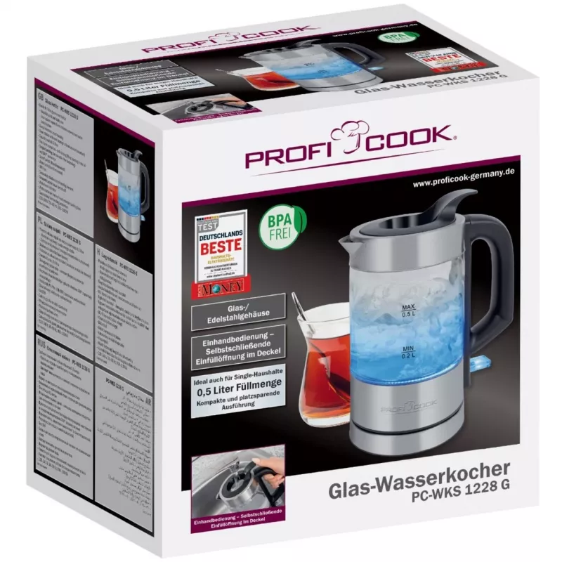 ProfiCook PC-WKS 1228 G elektriline veekeetja 0,5 L 1100 W roostevaba teras, läbipaistev