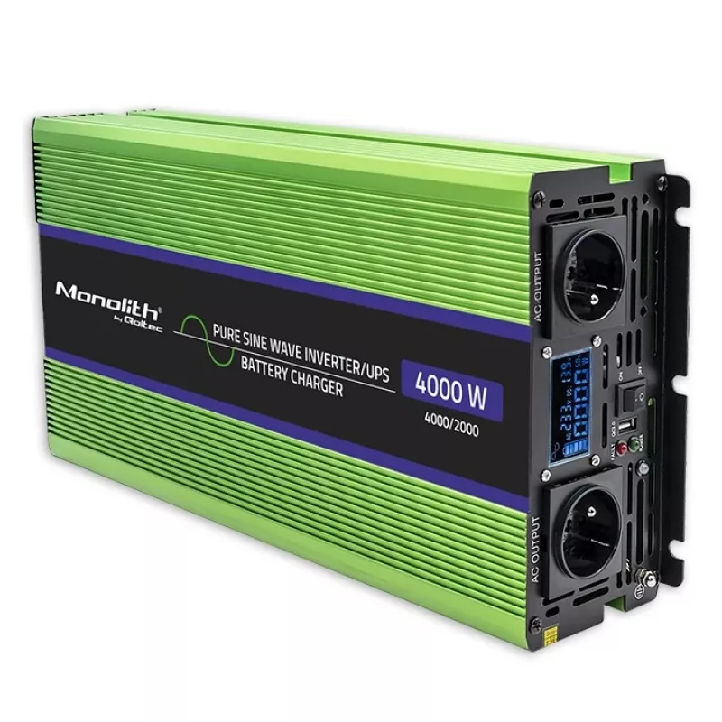 Qoltec Monolith Pingemuundur | Aku laadimine | UPS | 2000W | 4000W | 12V kuni 230V | Puhas siinus | LCD must-roheline