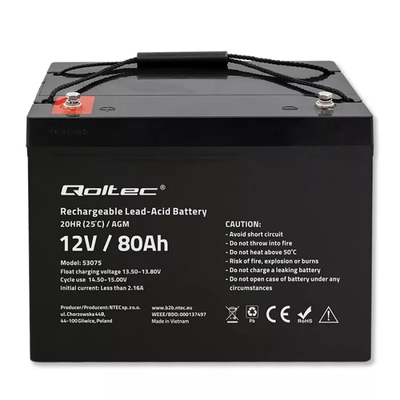 Qoltec Akumulator AGM | 12V | 80Ah | 23.5kg | Bezobsługowy | Mocny | LongLife | do UPS, kampera, łodzi, pieca
