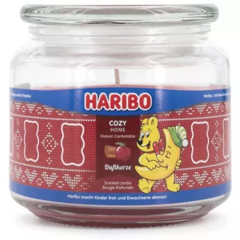 Vahaküünal Haribo A2203 — ümmargune õuna-kaneelilõhnaline, punane, kõrgus 100 mm, läbimõõt 100 mm, 300 g, klaashoidik